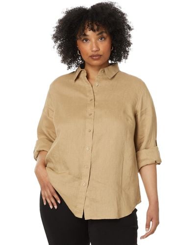 Lauren by Ralph Lauren Plus-size Linen Roll Tab-sleeve Shirt - Brown