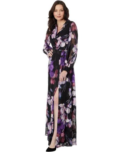 Adrianna Papell Printed Floral Long Sleeve Shirt Dress Gown - Purple