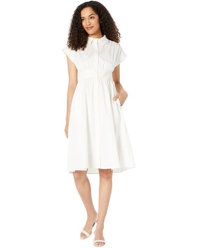 Maggy London Fit-and-flare Belted Midi Dress With Collar Placket - White