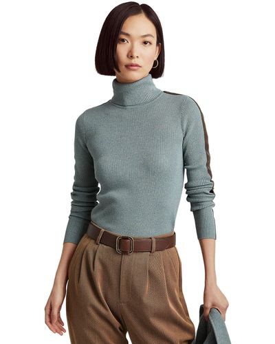 Lauren by Ralph Lauren Petite Faux-leather-trim Turtleneck Sweater - Blue