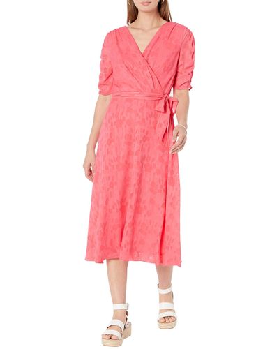 DKNY Ruched Sleeve V-neck Faux Wrap - Pink