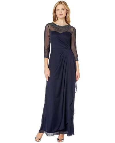Alex Evenings Long A-line Dress With Beaded Sweetheart Illusion Neckline - Blue