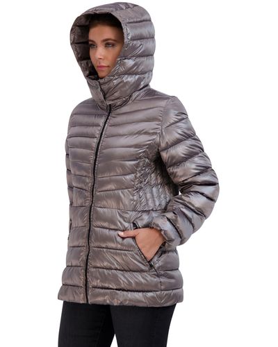 Cole Haan Pearlized Faux Down Jacket With Removable Hood - Gray