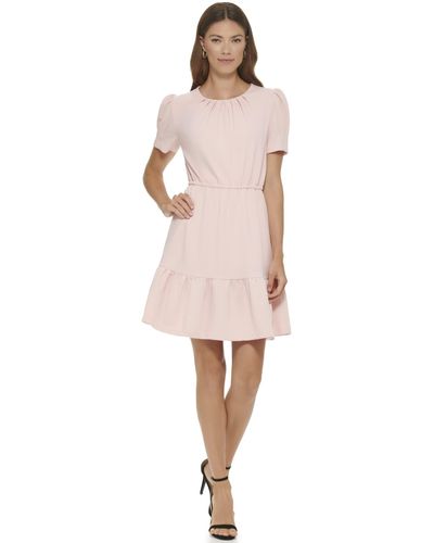 DKNY Puff Sleeve Ruffled Fit Dress - Pink