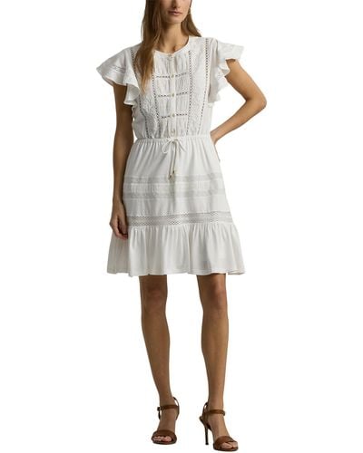 Lauren by Ralph Lauren Lace-trim Jersey Flutter-sleeve Dress - White