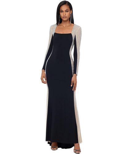 Xscape Long Ity Square Neck Long Sleeve Dress With Caviar Beading - Black