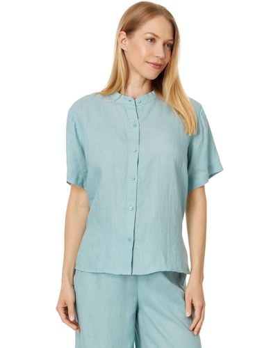 Eileen Fisher Mandarin Collar Short Sleeve Shirt - Green