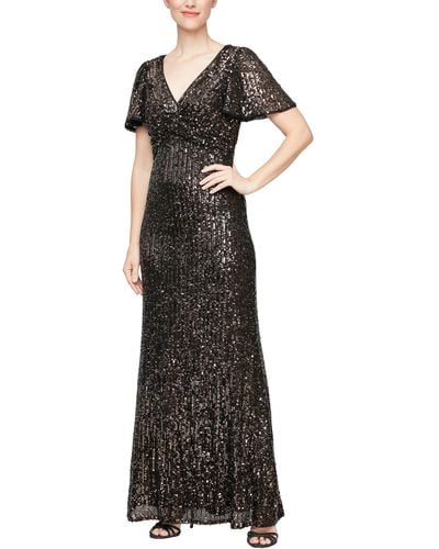 Alex Evenings Long Sequins Gown With Flutter Sleeves And Front Knot Detail - Black