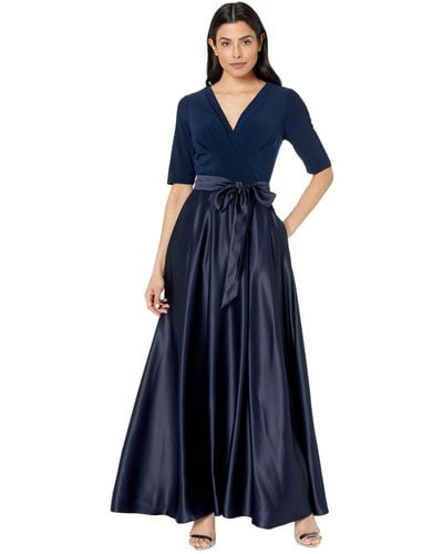 Alex Evenings Tea Length Surplice Neckline Dress With Tie Waist - Blue