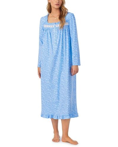 Eileen West Long Sleeve Cotton Jersey Long Gown - Blue