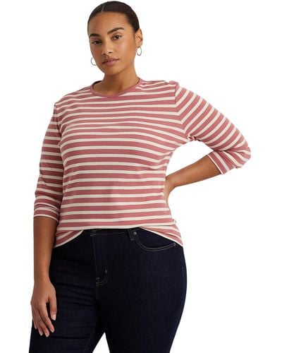 Lauren by Ralph Lauren Plus-size Striped Cotton Long-sleeve Tee - Red