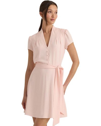 Lauren by Ralph Lauren Belted Georgette Short Sleeve Dress - Pink
