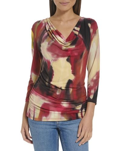 Calvin Klein Plus Size Everyday Cowl Neck Printed Long Sleeve Blouse - Red