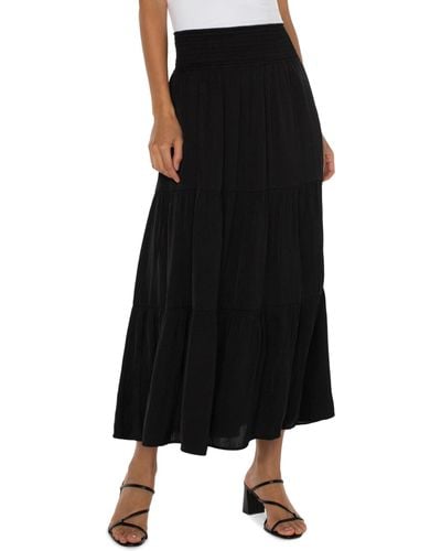 Liverpool Los Angeles Tiered Woven Sateen Maxi Skirt With Smocked Waist - Black