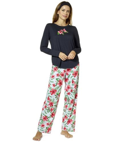 Hue Cardinal Bloom Timeless Soft Jersey Three-piece Pajama Set - Blue