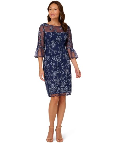 Adrianna Papell Embroidered Bell Sleeve Dress - Blue