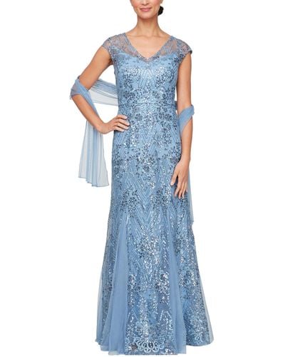 Alex Evenings Long Embroidered Fit And Flare Gown - Blue