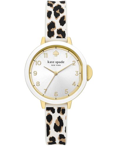 Kate Spade Park Row Three-hand White & Leopard Print Silicone Band Watch - Metallic
