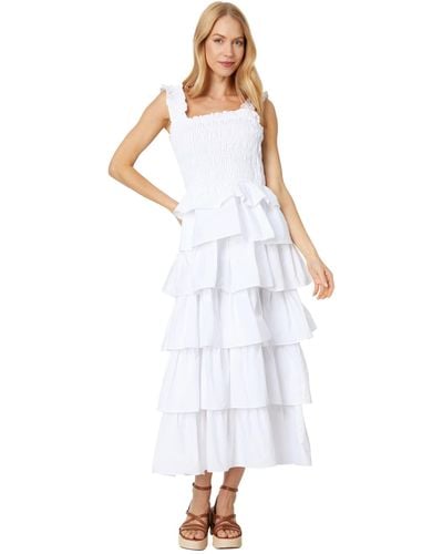 English Factory Smocked Bust Multi Ruffled Maxi Gown - White