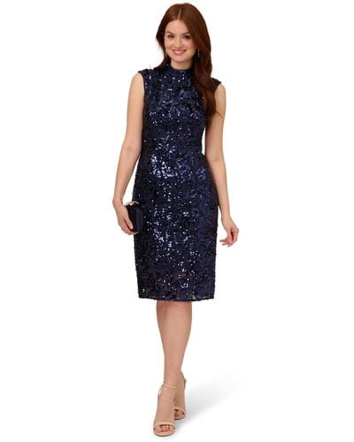 Adrianna Papell Stretch Sequin Lace Mock Neck Cocktail Dress - Blue