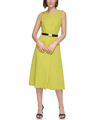 Calvin Klein Sleeveless Scuba Crepe Belted Midi Dress - Yellow
