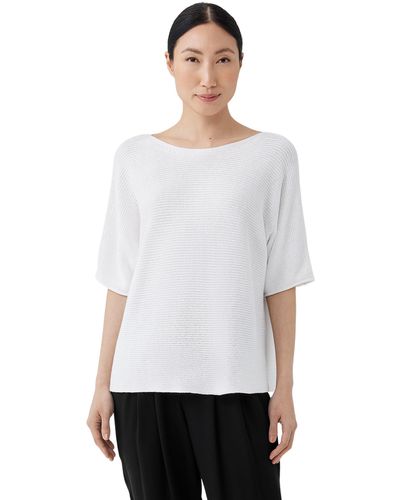 Eileen Fisher Bateau Neck Elbow Sleeve Pullover - White