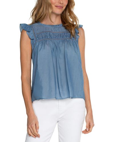 Liverpool Los Angeles Flutter Sleeve Top With Trim Detail Lightweight Chambray - Blue