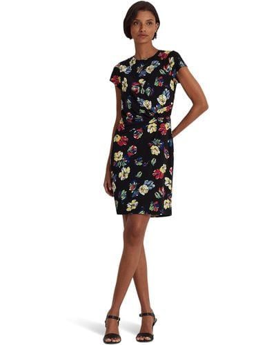 Lauren by Ralph Lauren Petite Floral Stretch Jersey Short Sleeve Dress - Black