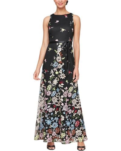 Alex Evenings Long Embroidered A-line Dress With Satin Tie Belt - Black