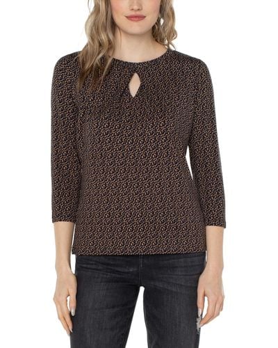 Liverpool Los Angeles 3/4 Sleeve Crew Neck With Cutout Pleated Front - Brown