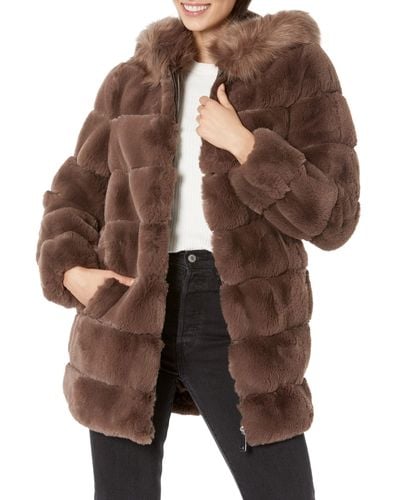 Calvin Klein Hooded Faux Fur Jacket - Brown