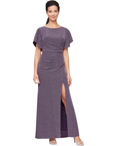 Alex Evenings Long Flutter Sleeve Dress With Ruche Waist Detail And Front Slit - Purple