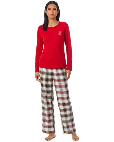 Lauren by Ralph Lauren Long Sleeve Knit Top Long Pants Pj Set - Red