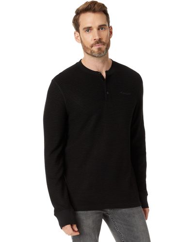 Karl Lagerfeld Ribbed Long Sleeve Henley With Signature Logo - Black