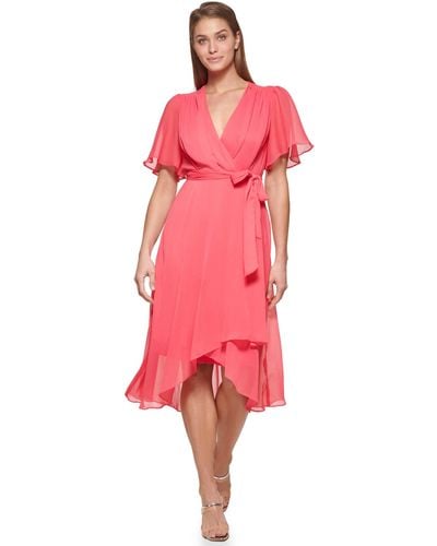 DKNY Short Sleeve Faux Wrap Belted Dress - Pink