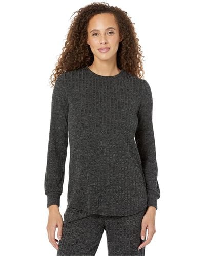 Mod-o-doc Brushed Hacci Long Sleeve Crew Neck Flowy Top - Black