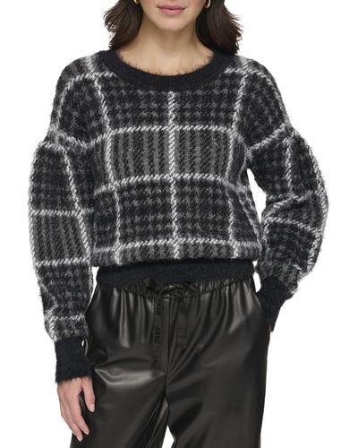 DKNY Long Sleeve Box Plaid Sweater - Black