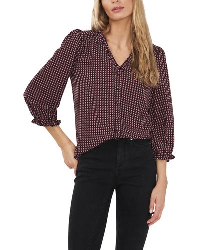 Cece Geo Print Button Front V-neck Blouse - Red