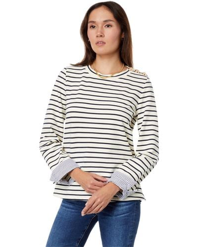 English Factory Striped Breton Tee With Fold-over Combo Cuff - White