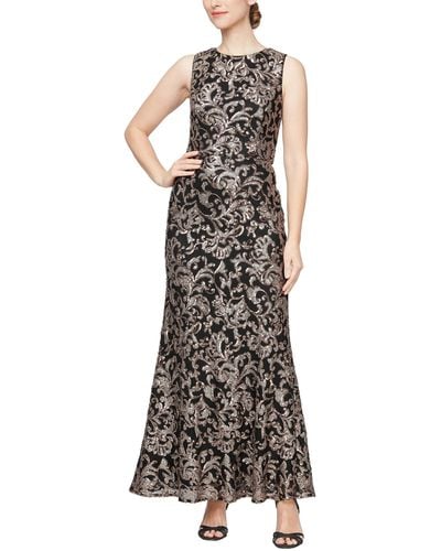 Alex Evenings Long Sequins Embroiderd Dress With Illusion Neckline And Fit And Flare Skirt - Brown