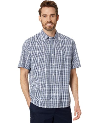 L.L. Bean Organic Seersucker Shirt Short Sleeve Slightly Fitted Plaid - Blue
