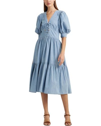 Lauren by Ralph Lauren Chambray Puff-sleeve Dress - Blue