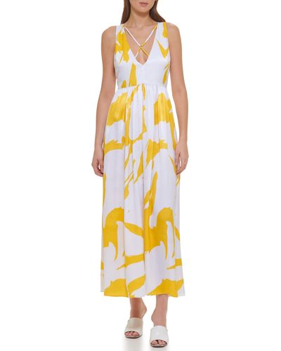 DKNY Sleeveless Printed Maxi Dress - Yellow