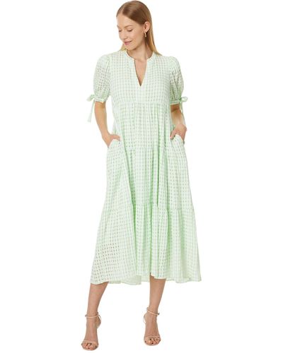 English Factory Gingham Tiered Midi Dress With Bow Tie Sleeves - Green