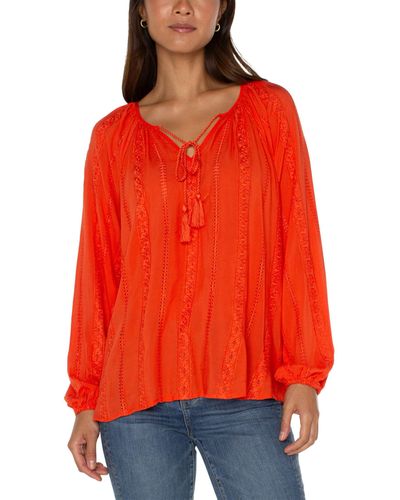 Liverpool Los Angeles Embroidered Shirred Blouse With Neck Ties