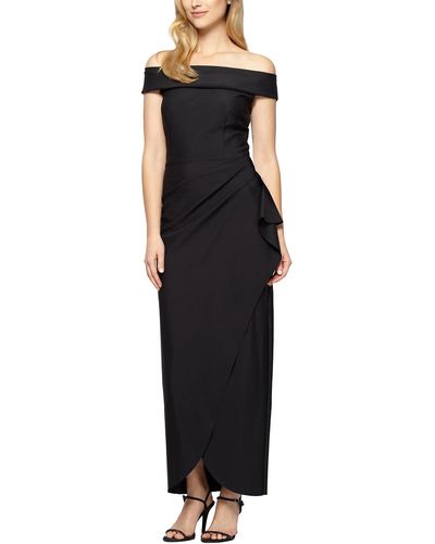 Alex Evenings Long Stretch Scuba Off The Shoulder Dress With Cascade Ruffle - Black