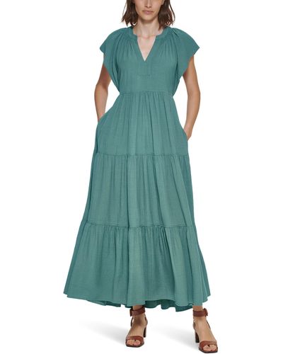Calvin Klein Flutter Sleeve Gauze Midi Dress - Green