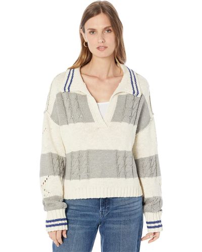 Lucky Brand Cable Stitch Collared Stripe Sweater - Natural