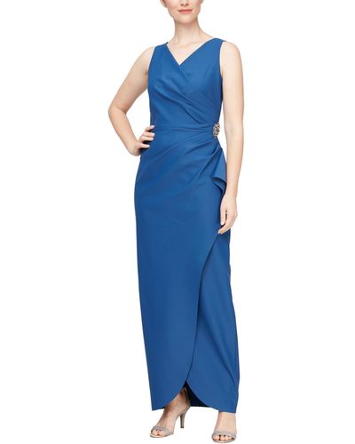 Alex Evenings Slimming Long Side Ruched Dress With Cascade Ruffle Skirt - Blue