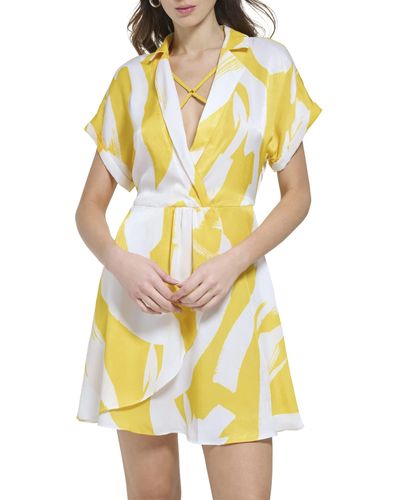 DKNY Short Sleeve Printed Collared Midi Dress - Yellow